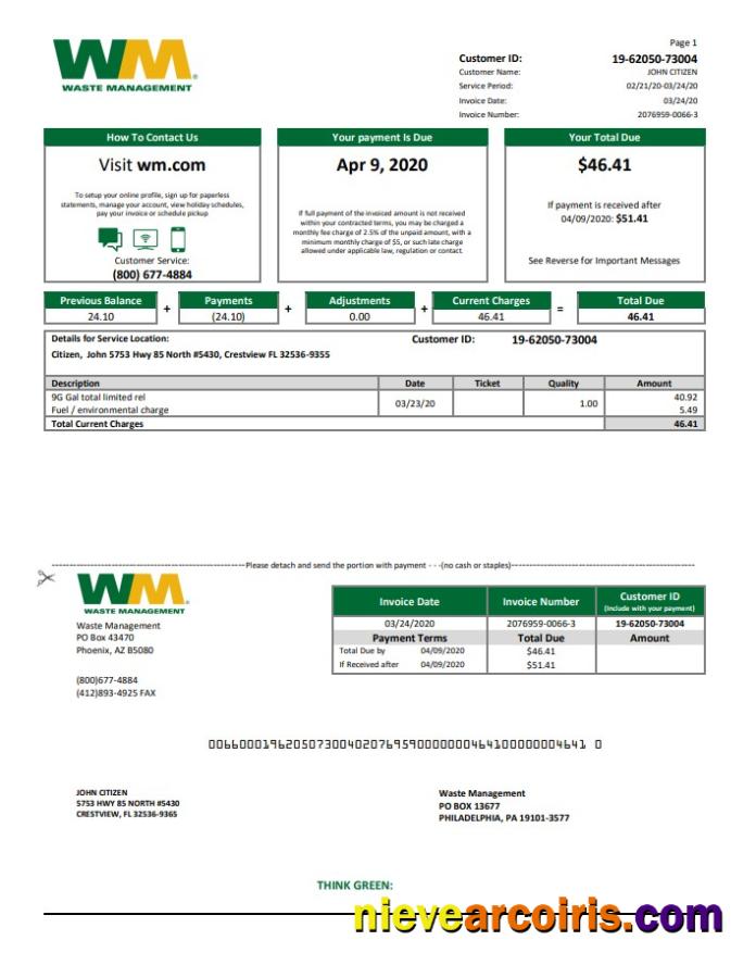 USA Waste Management bank statement in Word and PDF format, good for address prove